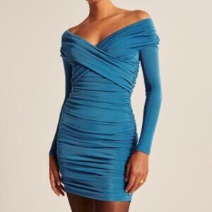 Abercrombie & Fitch Blue Off the Shoulder Ruched Bodycon Mini Dress
